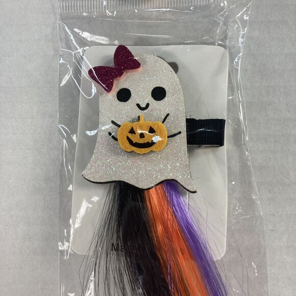 Halloween Hair Barrette Bang Clip Ghost Faux Hair Black Orange Purple Stripe Bow - Picture 4 of 4